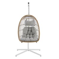 Walker Edison - Swinging Wicker Patio Egg Chair with Cushion - Brown/Gray - Front_Zoom