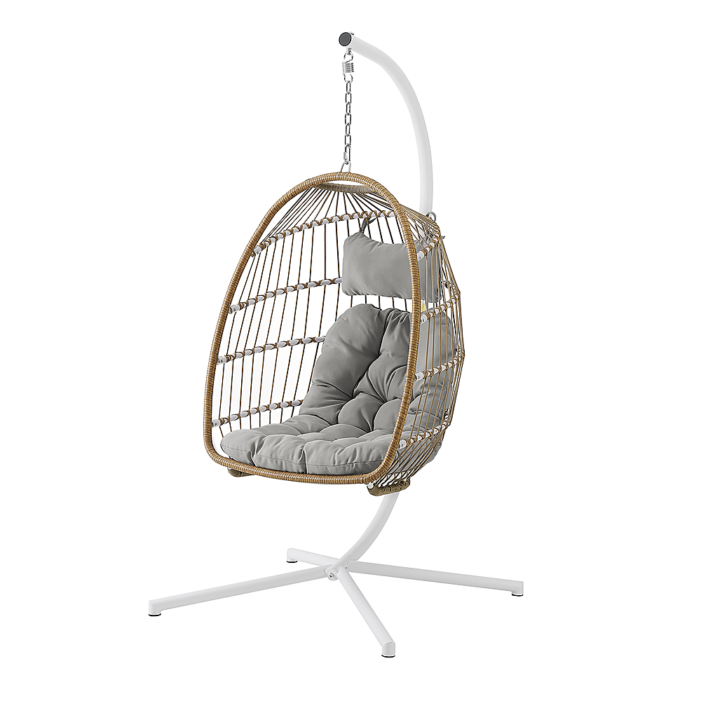 Left View: Walker Edison - Swinging Wicker Patio Egg Chair with Cushion - Beige