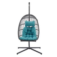 Walker Edison - Swinging Wicker Patio Egg Chair with Cushion - Grey/Teal - Front_Zoom