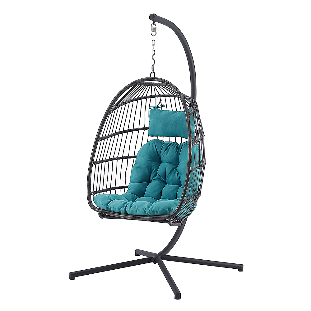 Left View: Walker Edison - Swinging Wicker Patio Egg Chair with Cushion - Teal