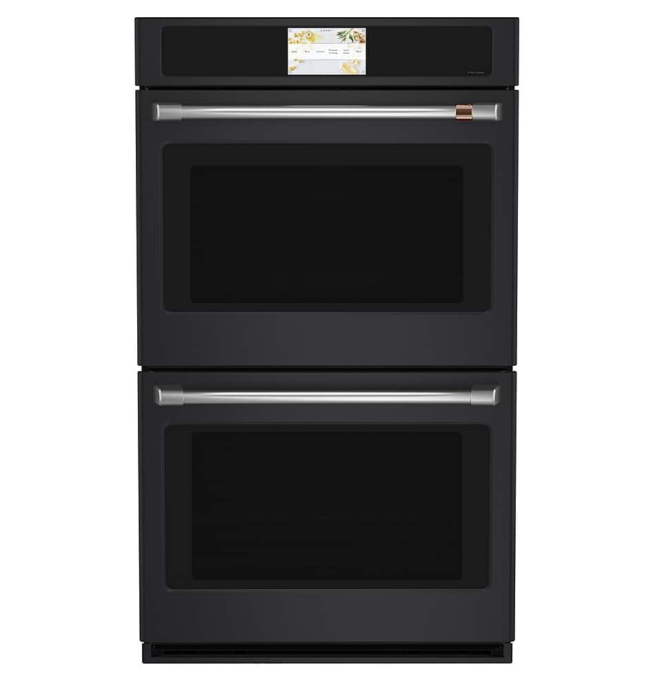 Front. Café - 30" Built-In Double Electric Convection Wall Oven w/ True European Convection, In-Oven Camera, Customizable - Matte Black.