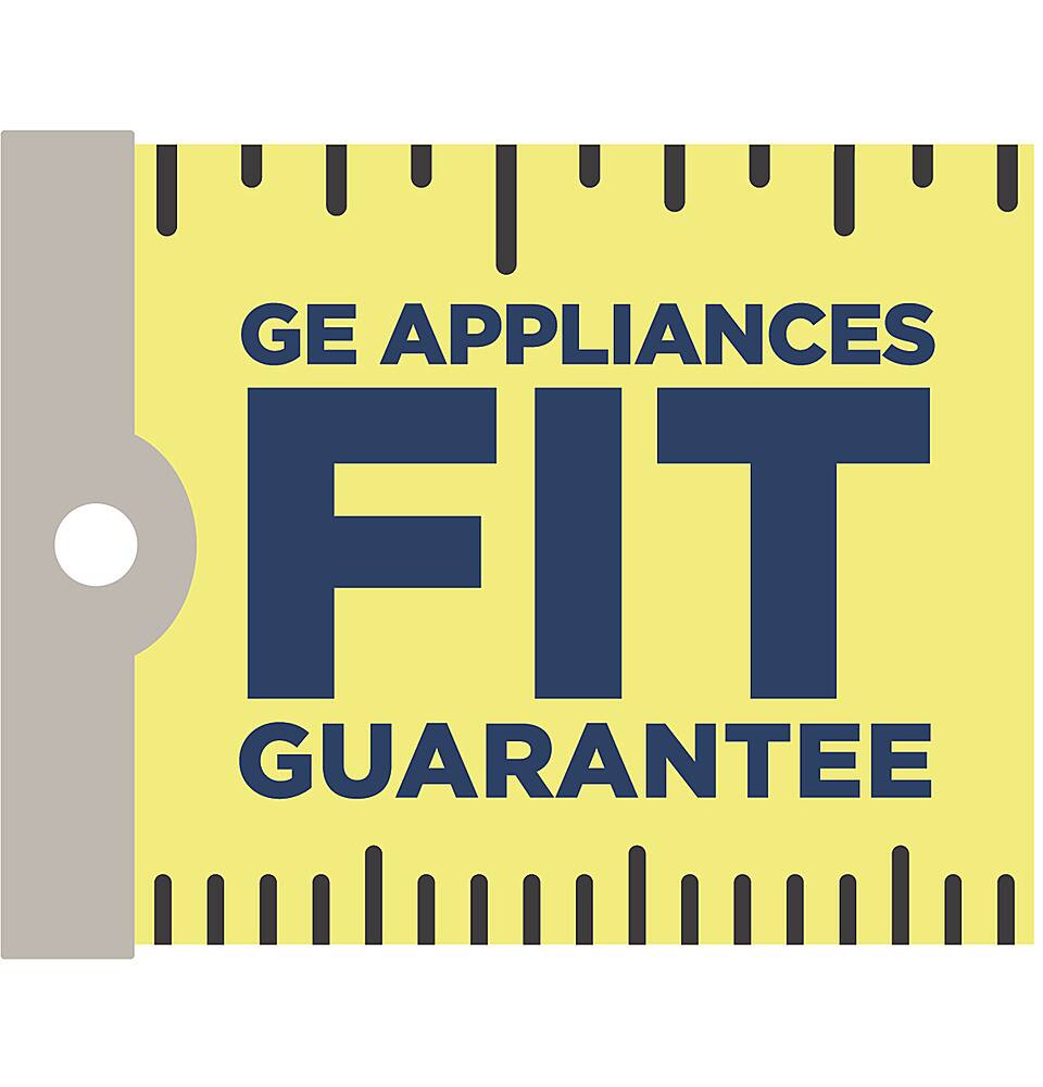 The image features a ruler with the words "GE Appliances Fit Guarantee" written on it. The ruler is yellow and blue, and it appears to be a measuring tape. The focus of the image is on the ruler and its message, which is related to the fit guarantee offered by GE appliances.
