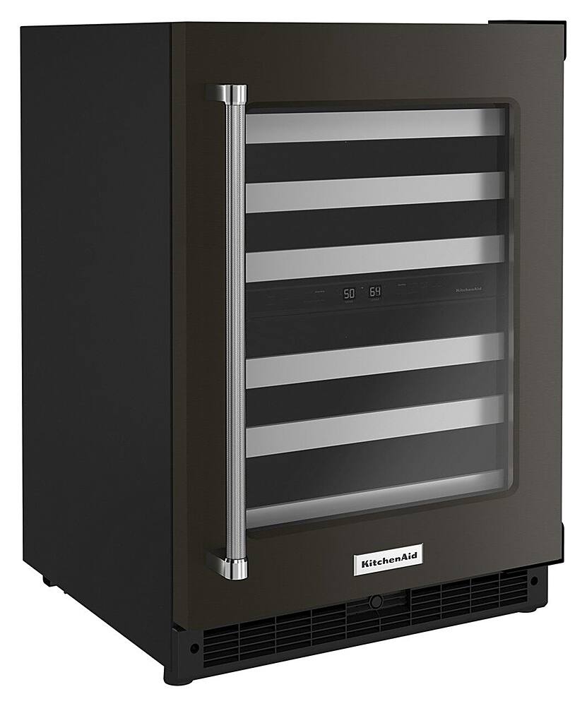 Angle. KitchenAid - 46-Bottle Dual Zone Wine Cellar with Glass Door and Metal-Front Racks - Black Stainless.