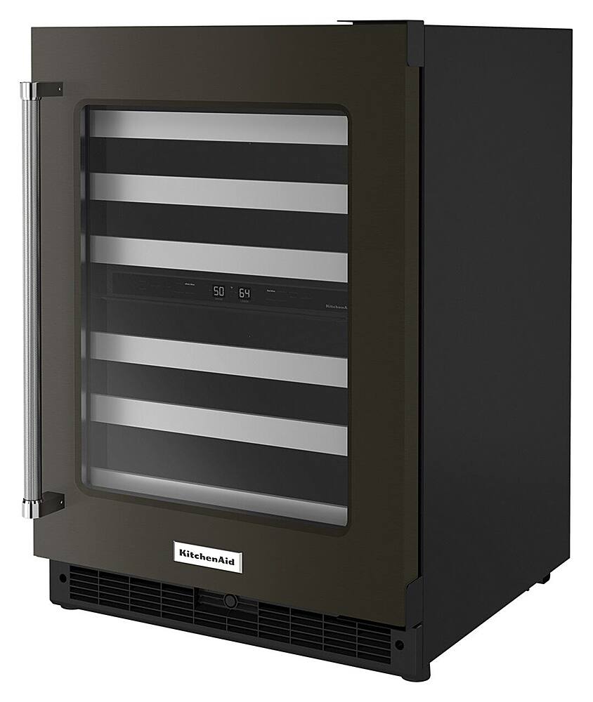 Left. KitchenAid - 46-Bottle Dual Zone Wine Cellar with Glass Door and Metal-Front Racks - Black Stainless.