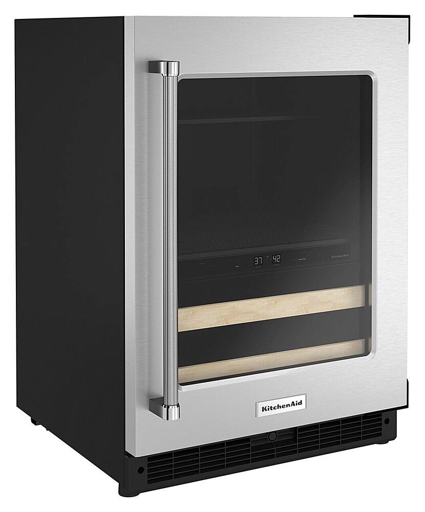 Angle. KitchenAid - 14-Bottle Dual Zone Beverage Cooler with Glass Door and Metal-Front Racks - Stainless steel.