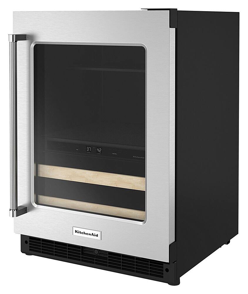 Left. KitchenAid - 14-Bottle Dual Zone Beverage Cooler with Glass Door and Metal-Front Racks - Stainless Steel.