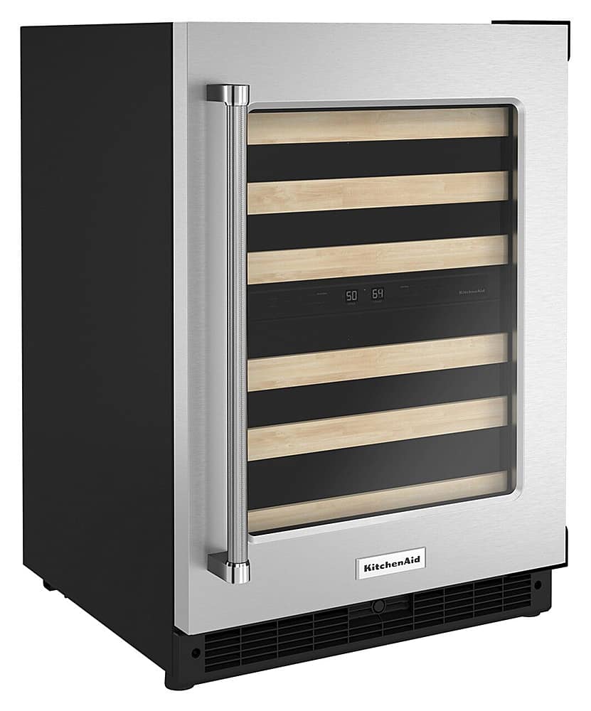 Angle. KitchenAid - 46-Bottle Dual Zone Wine Cellar with Glass Door and Wood-Front Racks - Stainless Steel.