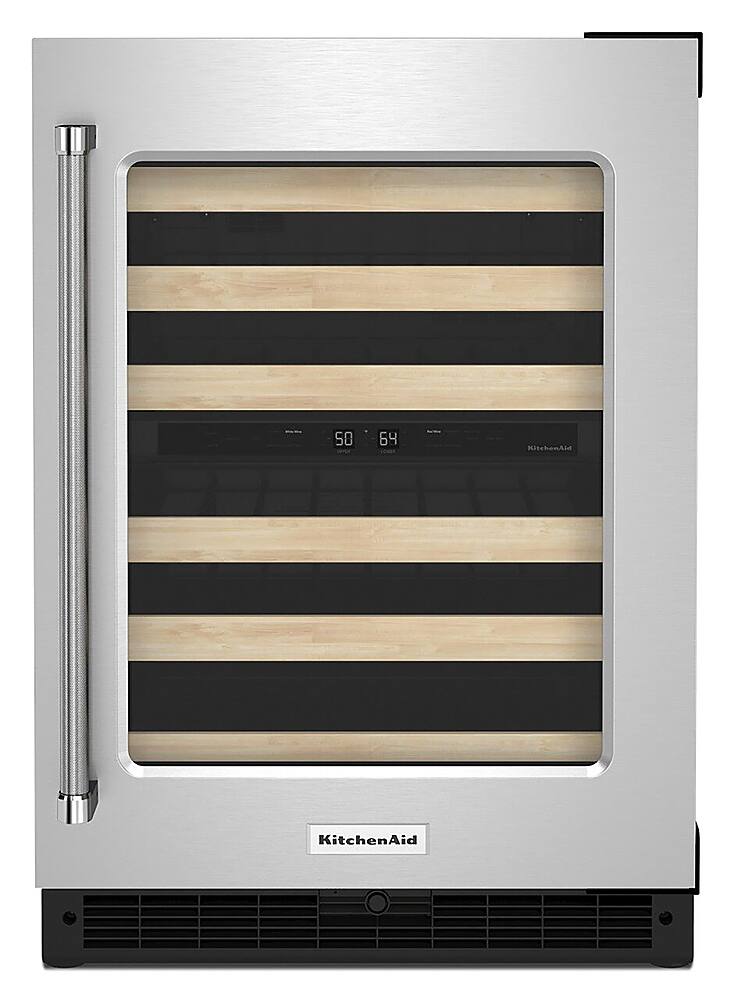 KitchenAid - 46-Bottle Dual Zone Wine Cellar with Glass Door and Wood-Front Racks - Stainless Steel