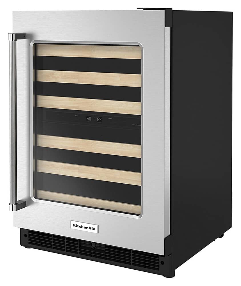 Left. KitchenAid - 46-Bottle Dual Zone Wine Cellar with Glass Door and Wood-Front Racks - Stainless Steel.