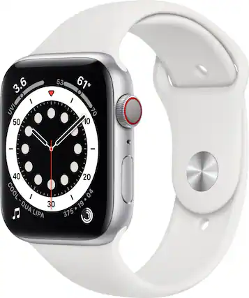 Front. Apple - Geek Squad Certified Refurbished Apple Watch Series 6 (GPS + Cellular) 44mm Aluminum Case with White Sport Band - Silver.