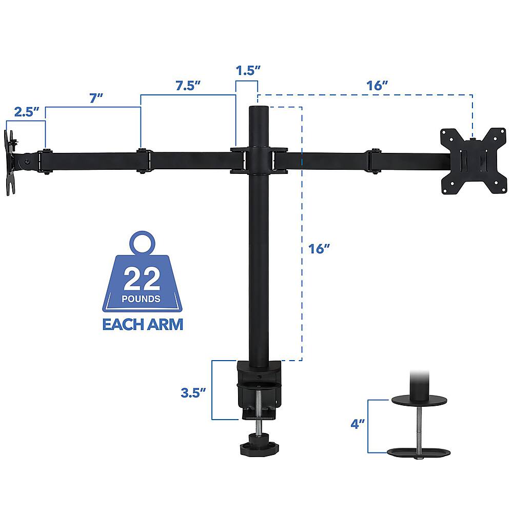 The image shows a black metal arm bracket with a 22-pound weight attached to it. The bracket is designed to hold up to 22 pounds on each arm, making it suitable for various weightlifting exercises. The bracket is adjustable, allowing users to set the weight at their desired level. The image also includes a diagram with measurements, indicating the dimensions of the bracket and the weight capacity.