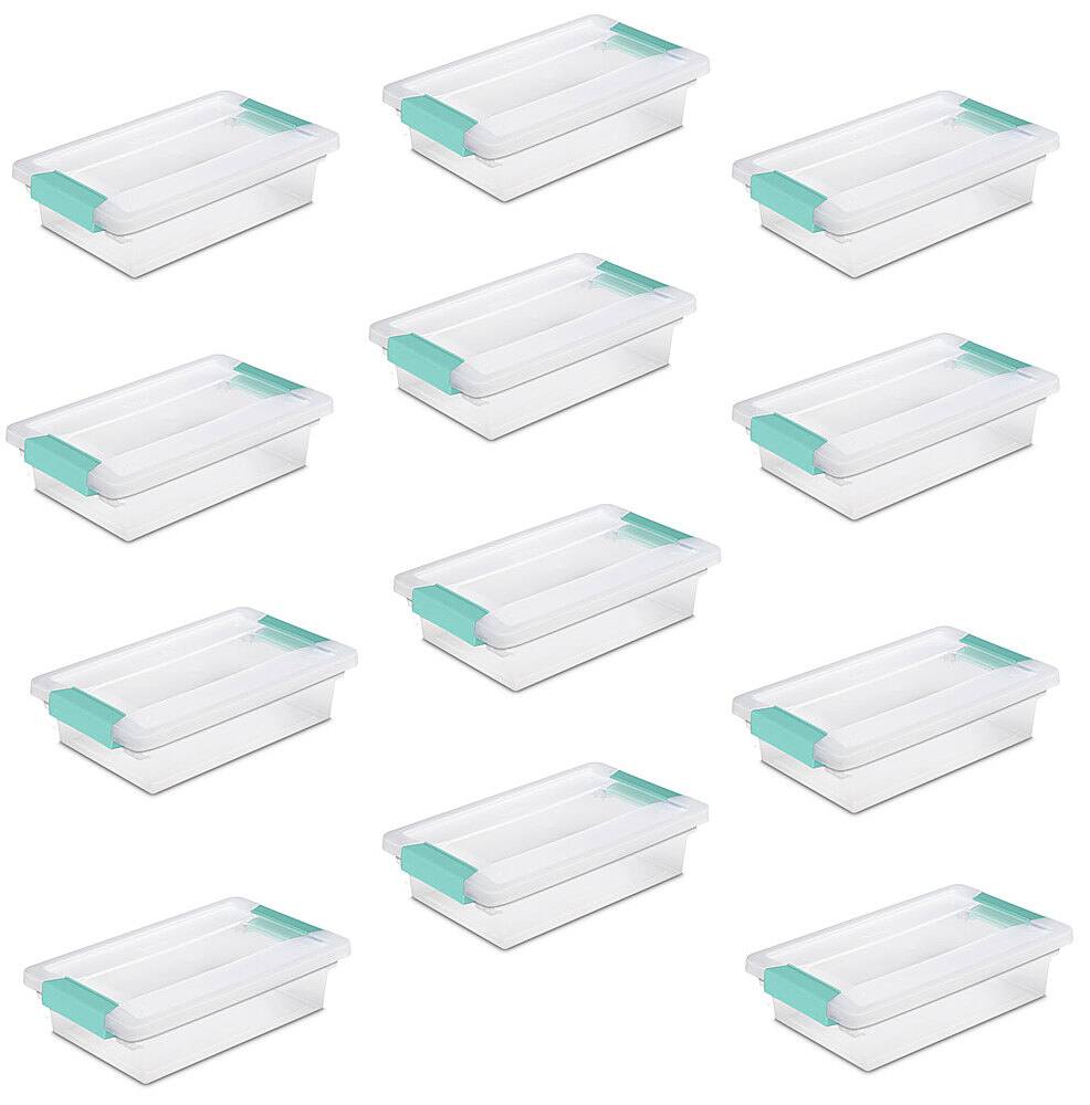 Front. Sterilite - Small Clip Box Clear Storage Tote Container with Latching Lid, 12 Pack.