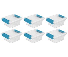 Sterilite - Mini Plastic Storage Container with Latches (6 Pack) - Clear/Aquarium Blue - Front_Zoom
