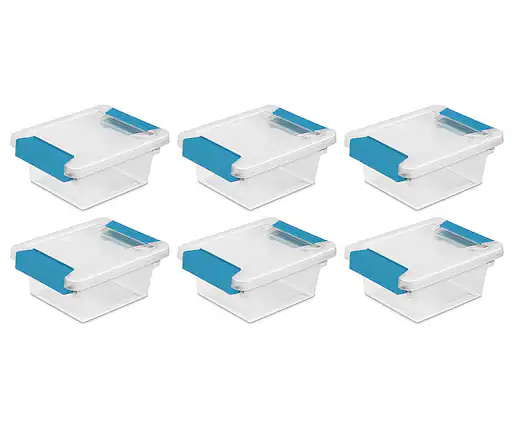 Front. Sterilite - Mini Plastic Storage Container with Latches (6 Pack) - Clear/Aquarium Blue.