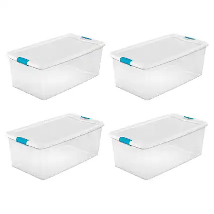 Front. Sterilite - Clear Plastic Latching Lid Storage Tote Container, 4 Pack.
