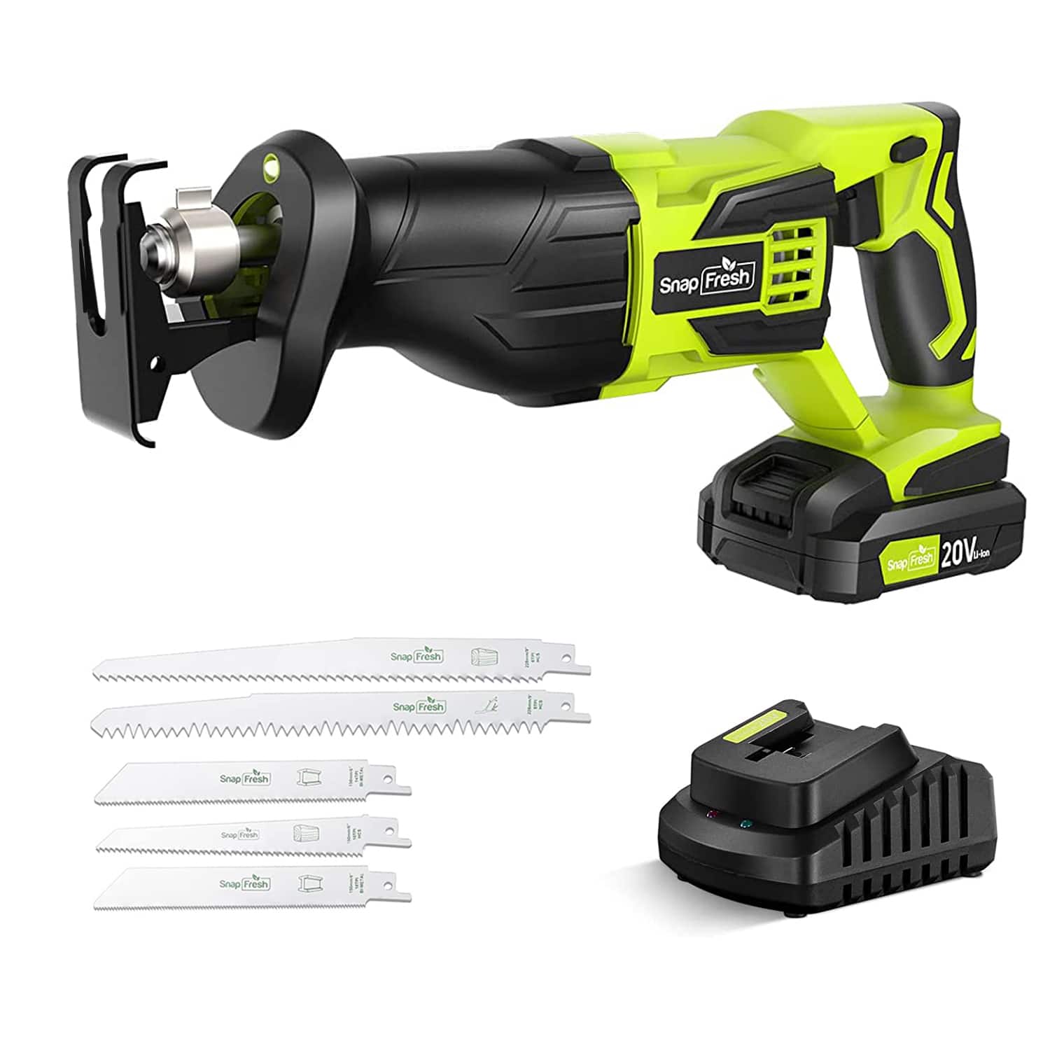 SnapFresh - 20V Cordless Reciprocating Saw with Variable Speed and Tool-Free Blade Change, 2.0Ah Battery & Fast Charger In - Green