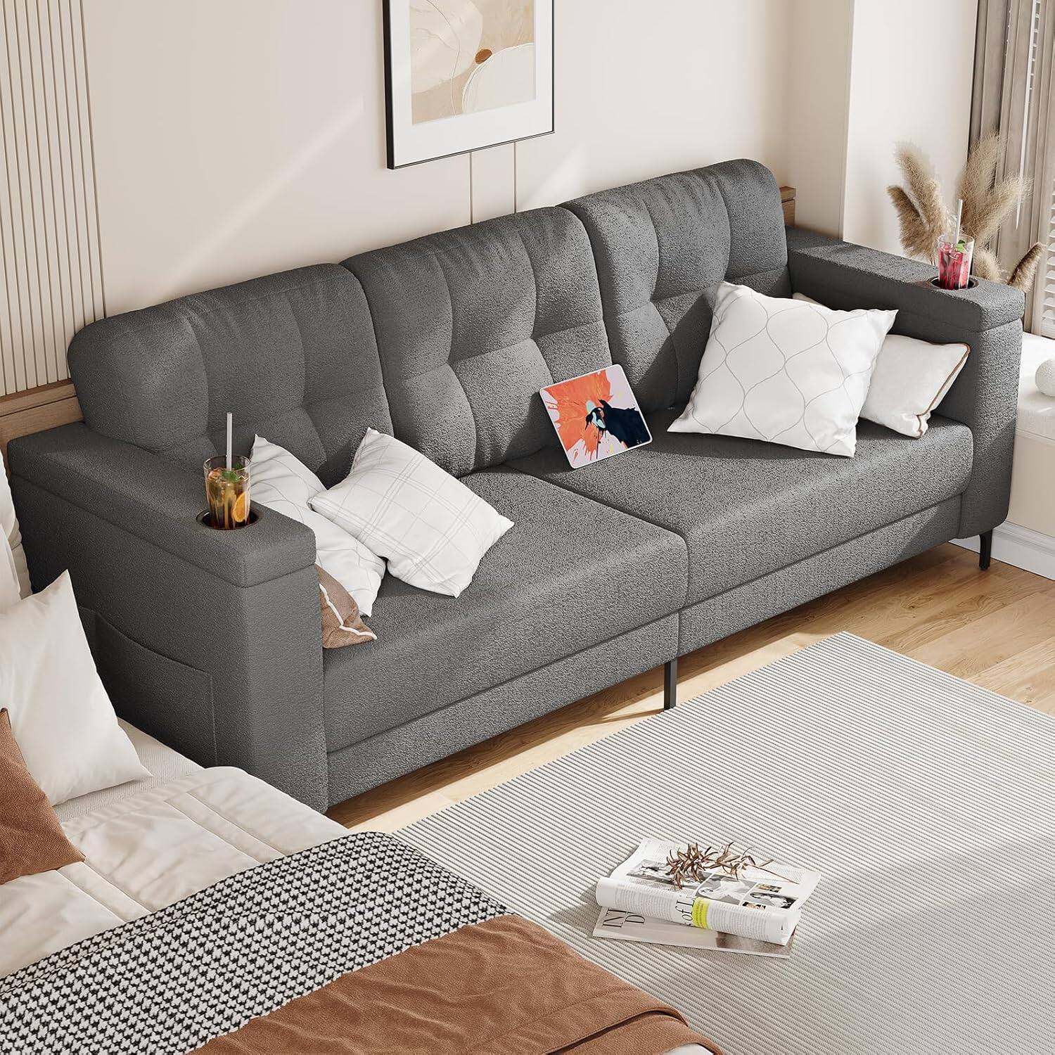 Alt View 6. Babevy - 84 Inch Sofa Teddy Fleece Storage Armrests Cup Holders Side Pockets Dark Gray - Multiple colors/finishes.