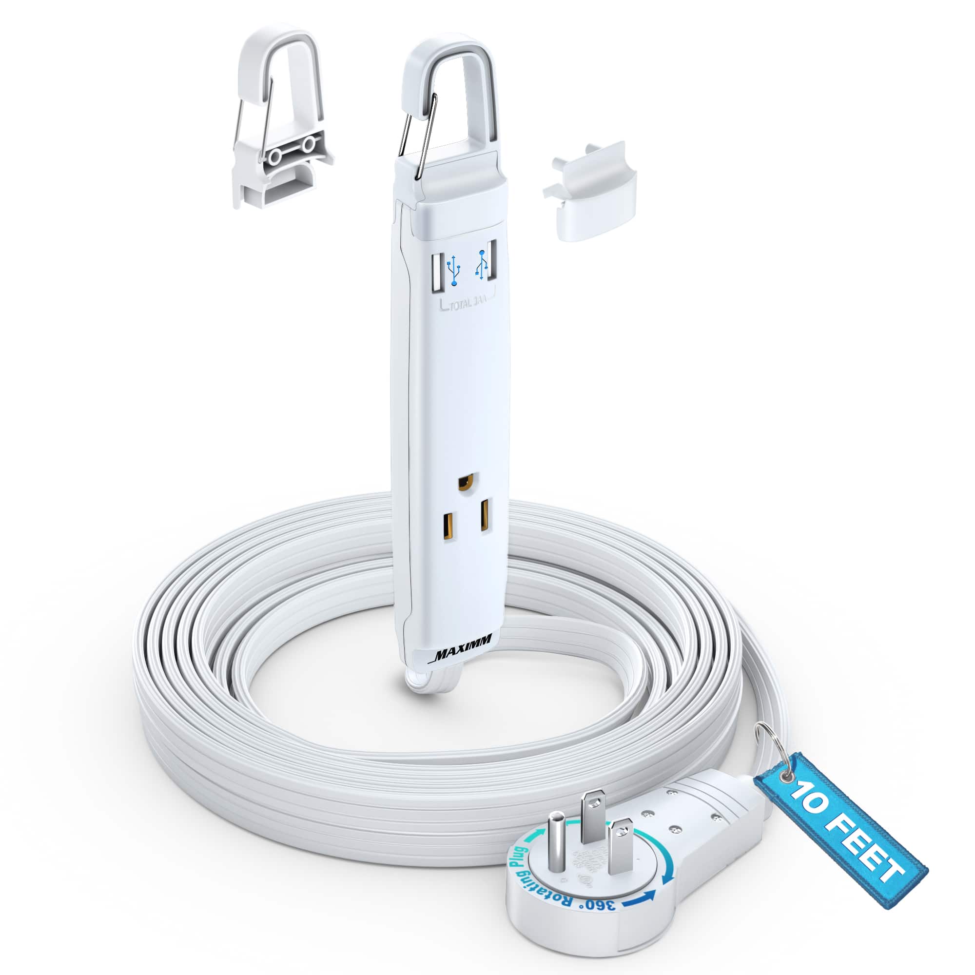 Maximm - 360° Rotating Flat Plug Extension Cord with USB Ports and a Removable Hook 10 ft (16 Gauge) UL Certified - White