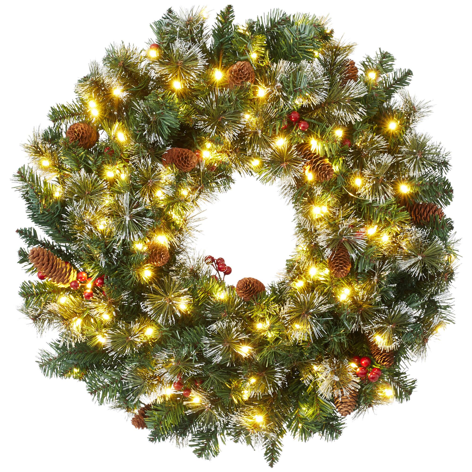 Front. Casafield - 30" Pre-Lit Artificial Holiday Christmas Wreath Pinecones and Berries - Green Pinecones White Lights.