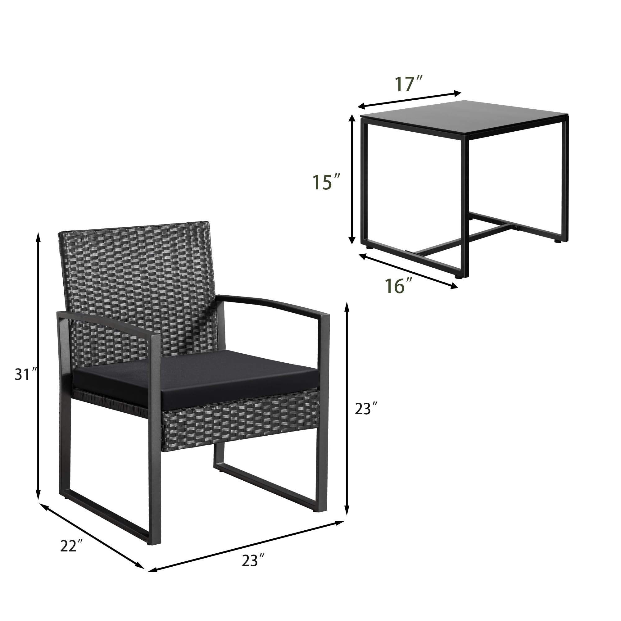 - Table:
  - Width: 17"
  - Depth: 15"
  - Height: 16"

- Chair:
  - Height: 31"
  - Width: 23"
  - Depth: 22"
  - Seat Height: 23"