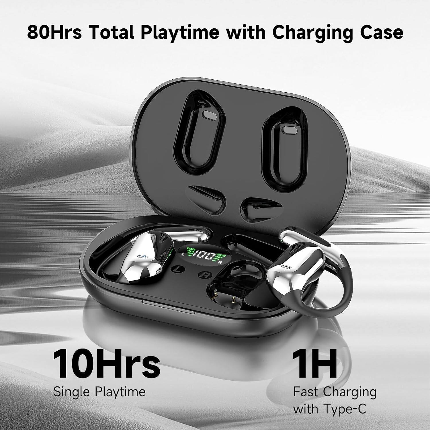 80Hrs Total Playtime with Charging Case  
10Hrs Single Playtime  
1H Fast Charging with Type-C