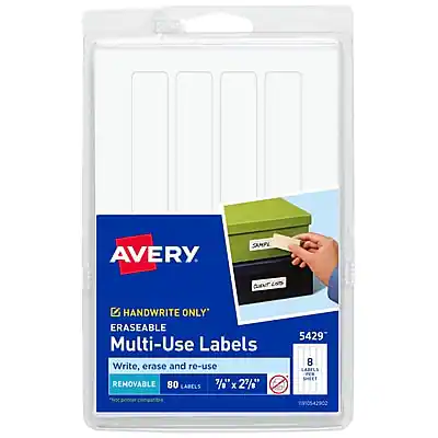 AVERY
HANDWRITE ONLY
ERASEABLE
Multi-Use Labels
Write, erase and re-use
REMOVABLE
80 LABELS
7" x 2 7/8"
5429
8 LABELS SHEET
T190542902