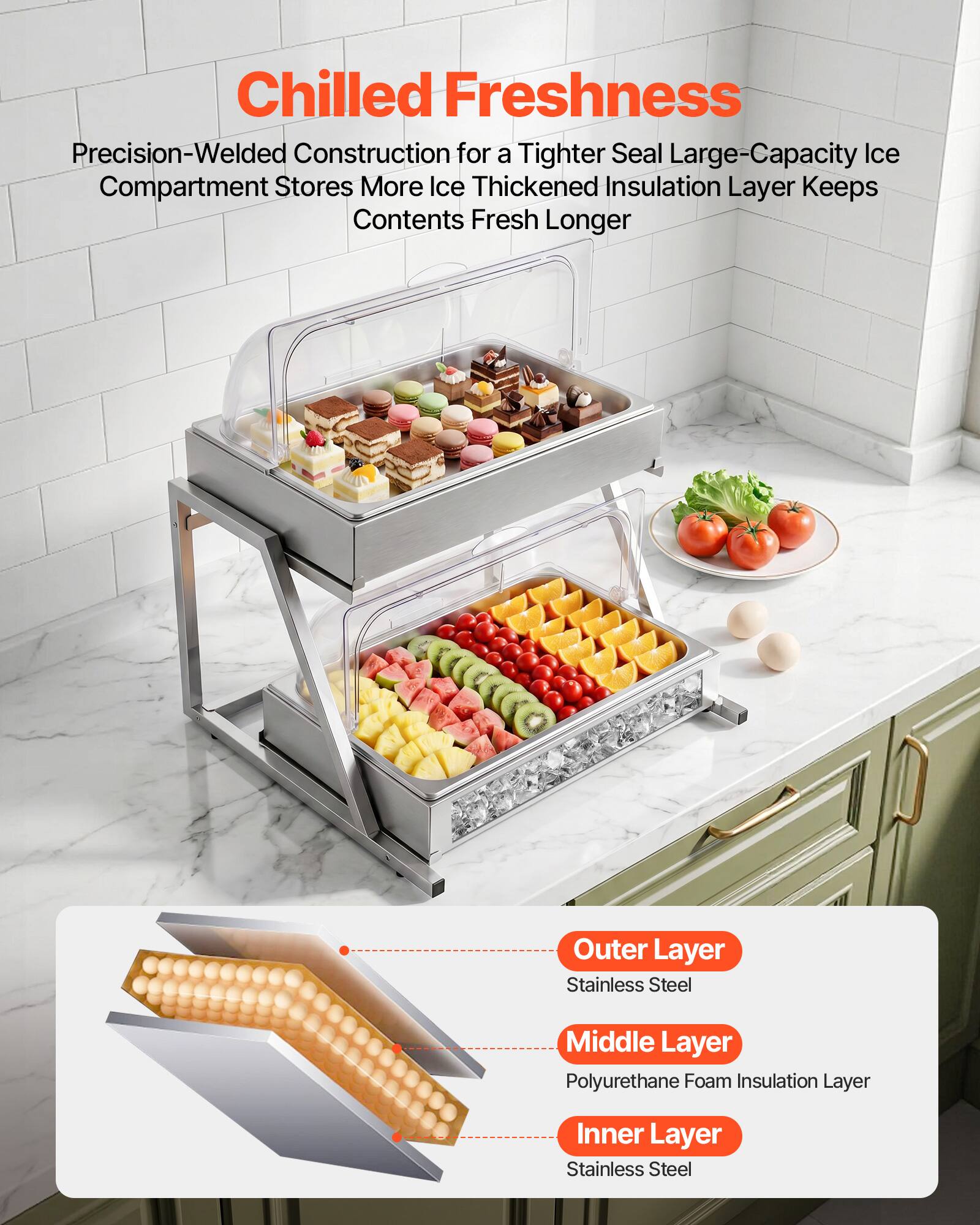 Chilled Freshness  
Precision-Welded Construction for a Tighter Seal  
Large-Capacity Ice Compartment Stores More Ice  
Thickened Insulation Layer Keeps Contents Fresh Longer  

Outer Layer: Stainless Steel  
Middle Layer: Polyurethane Foam Insulation Layer  
Inner Layer: Stainless Steel