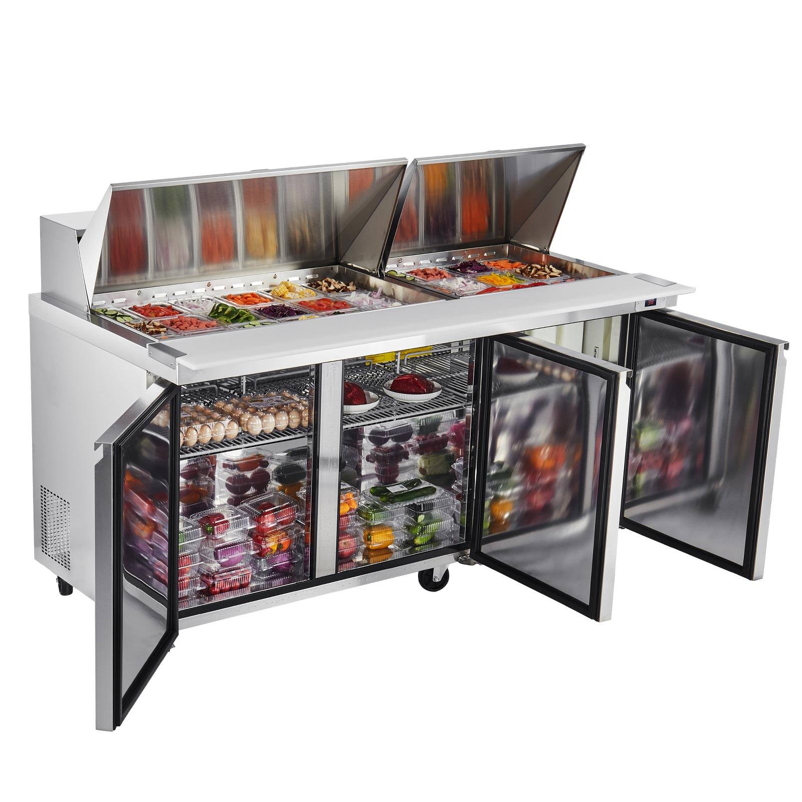 Alt View 5. VEVOR - 72"W Commercial Refrigerator, 18.7 Cu. Ft Sandwich Prep Refrigerated Table, Mega Top Food Prep Fridge with 30 Pans - Silver.