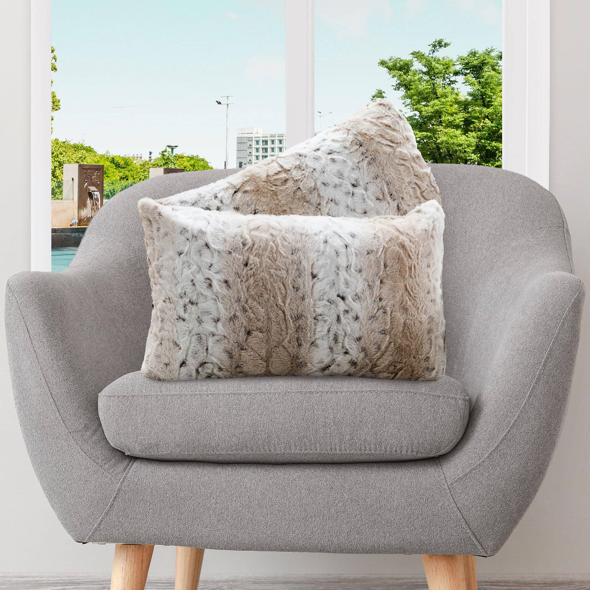 Front. Cheer Collection - Embossed Faux Fur Throw Pillows 12" X 20" Snow Leopard, Set of 2 - Snow Leopard.