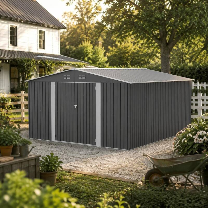 Left. RYHNUYNE - 12x14 ft Metal Shed Large Garden Tool House Lockable Doors Weatherproof Light Gray - Gray.