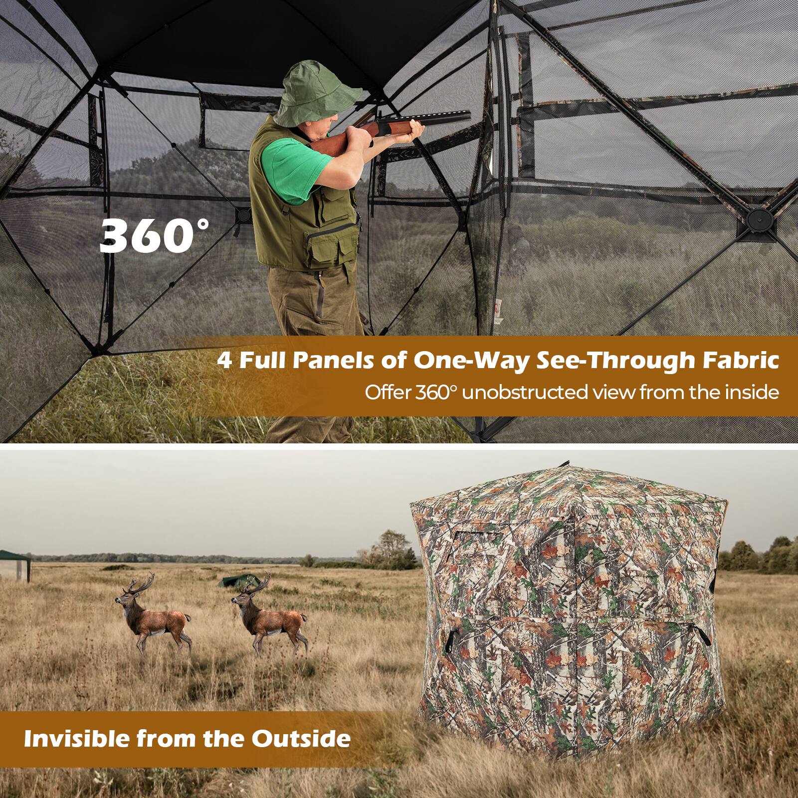 360°

4 Full Panels of One-Way See-Through Fabric Offer 360° unobstructed view from the inside

Invisible from the Outside