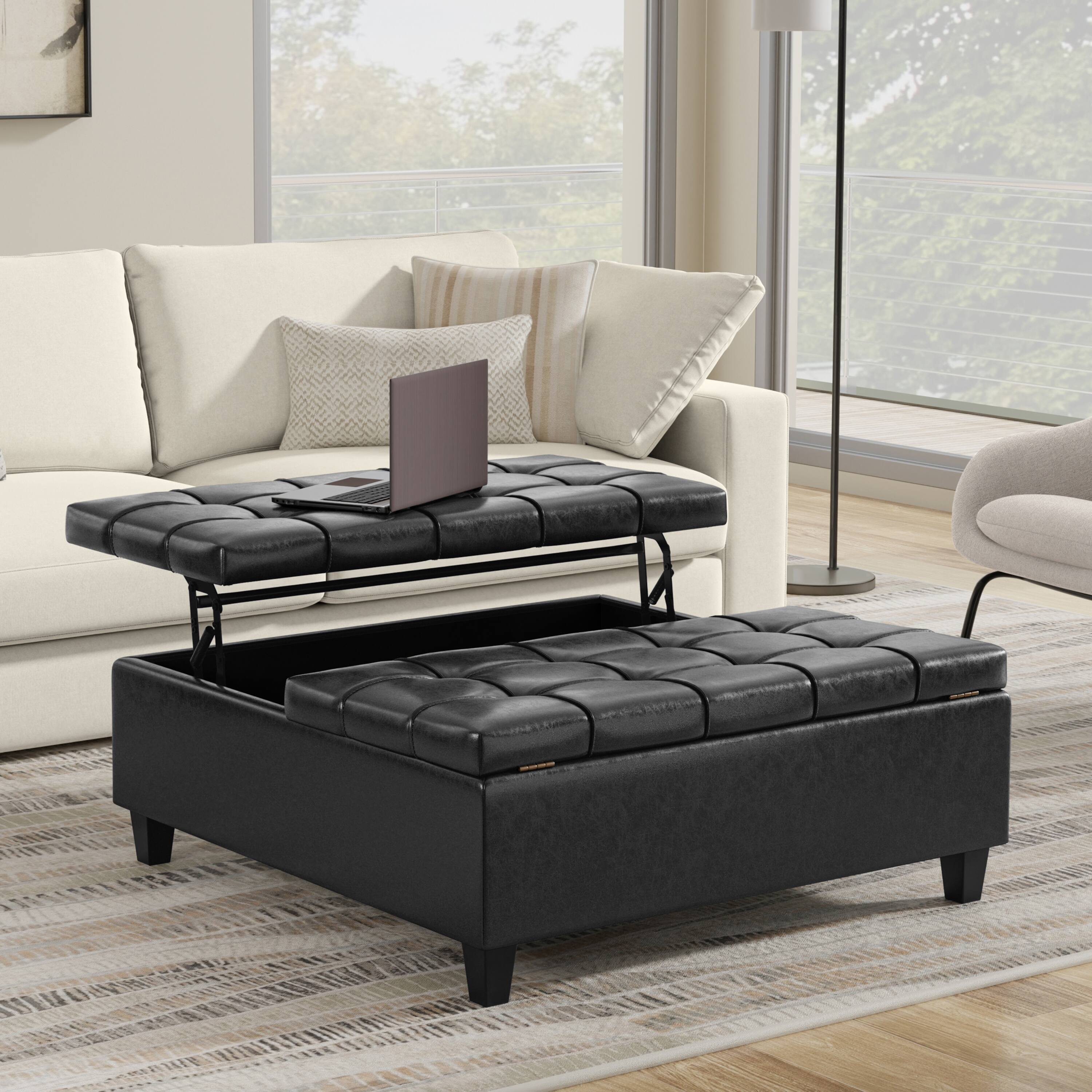 Angle. Simpli Home - Harrison 40 inch Wide Large Square Coffee Table Storage Ottoman in Distressed Black Vegan Leather - Distressed Black.