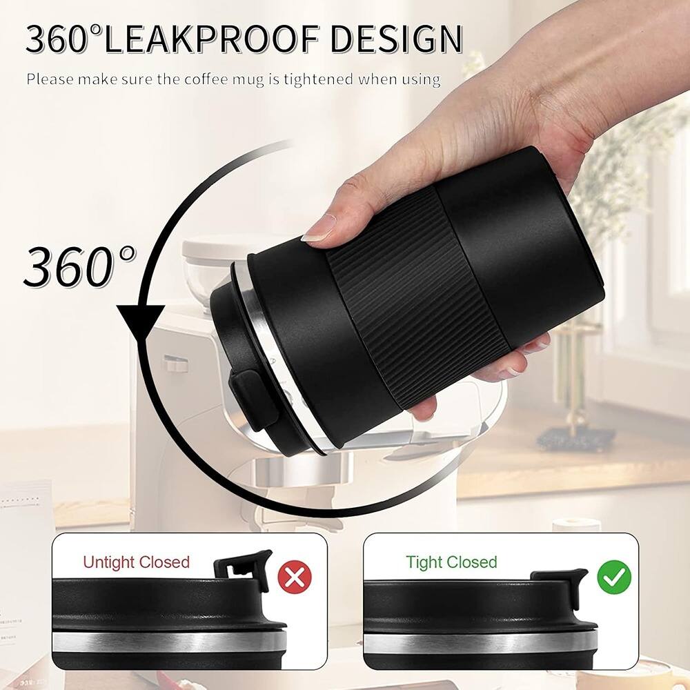 360° LEAKPROOF DESIGN  
Please make sure the coffee mug is tightened when using  

360°  

Untight Closed  
Tight Closed