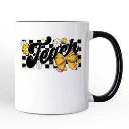 OrnamentallyYou - Teach Checkered Coquette Bow Mug, Retro Gift for Trendy Teachers - White