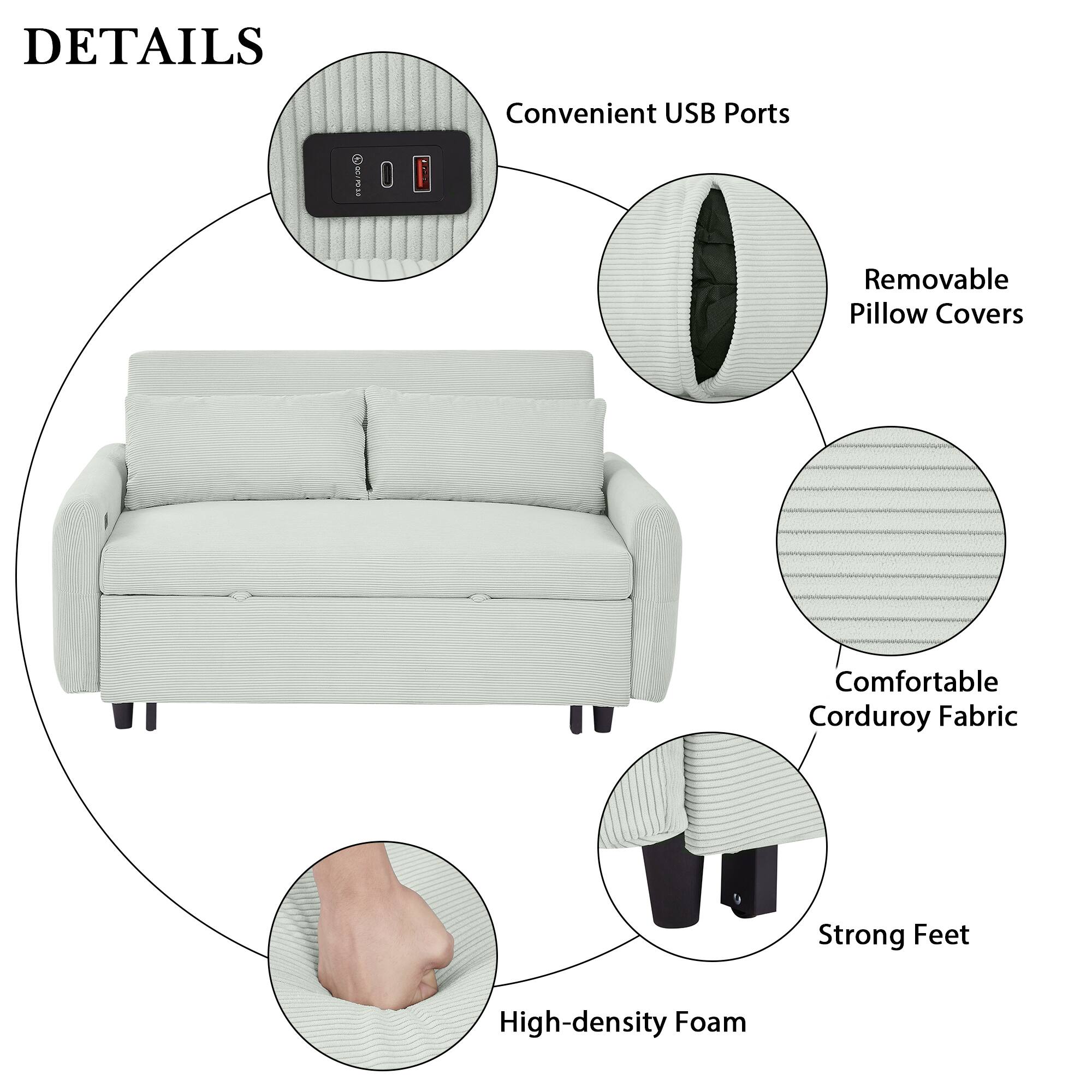 DETAILS:
- Convenient USB Ports
- Removable Pillow Covers
- Comfortable Corduroy Fabric
- High-density Foam
- Strong Feet