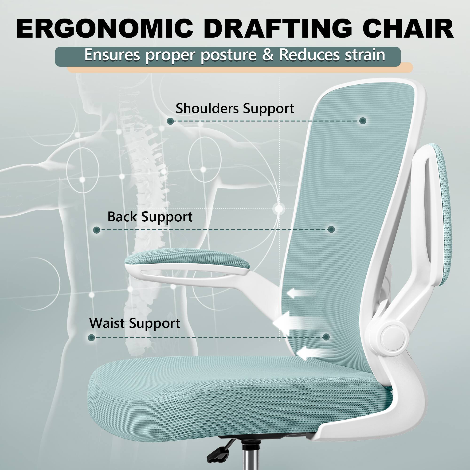 ERGONOMIC DRAFTING CHAIR  
Ensures proper posture & Reduces strain  

Shoulders Support  
Back Support  
Waist Support