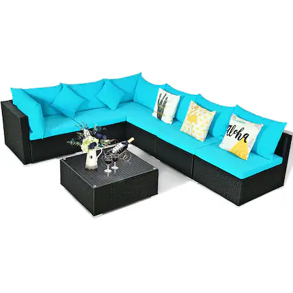 Front. Boyel Living - 7 Pieces Sectional Wicker Furniture Sofa Set with Tempered Glass Top Coffee Table - Blue.