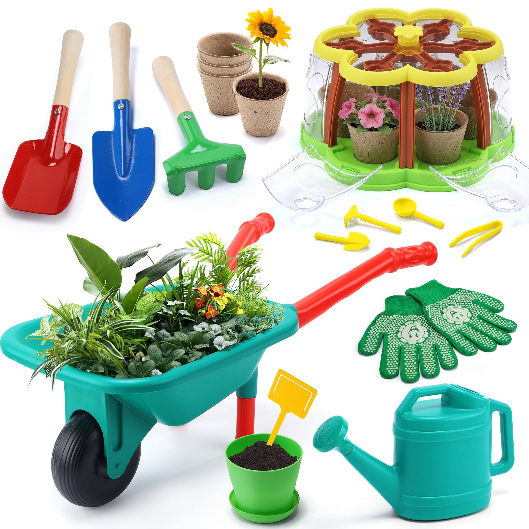 CUTE STONE Kids Gardening Set with Wheelbarrow for Plant Growing Kit ...