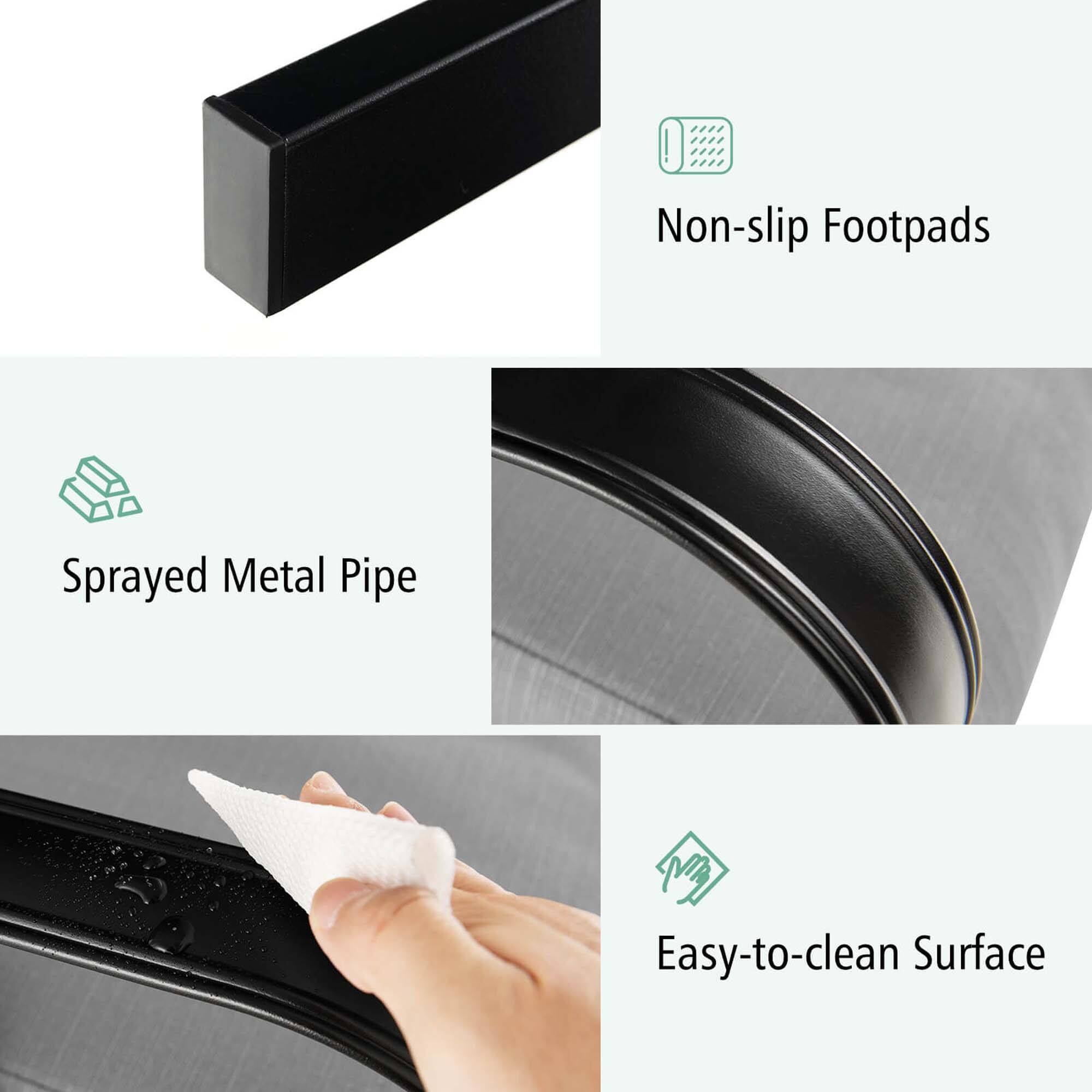 Non-slip footpads, sprayed metal pipe, and easy-to-clean surface.
