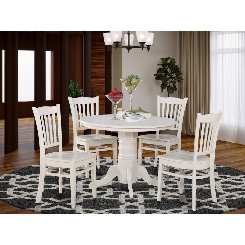 Back. East West Furniture - 5 Pc small Kitchen Table and Chairs set-Round Table and 4 Kitchen Chairs - Linen White.