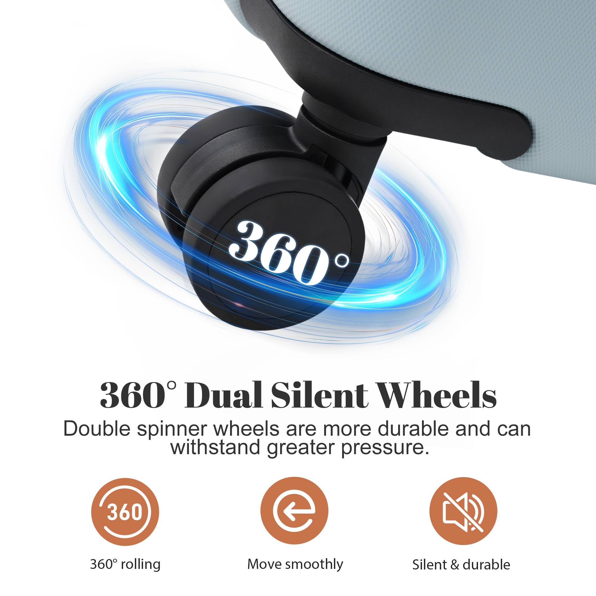 360° Dual Silent Wheels

Double spinner wheels are more durable and can withstand greater pressure.

- 360° rolling
- Move smoothly
- Silent & durable