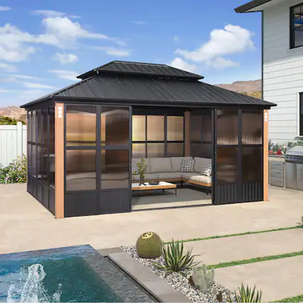 Front. PURPLE LEAF - Sunroom Outdoor Hardtop Gazebo Wood Grain Aluminum Frame Galvanized Steel Double Roof All-Weather Screen House - 12' X 16'.