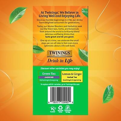 At Twinings, We Believe in Living Well and Enjoying Life. Since our humble beginnings in 1706, our drinks have delighted consumers for generations. Today, our Master Blenders and Herbalists seek out the finest teas, herbs, and botanicals from around the world to brilliantly blend delicious wellbeing drinks that taste great and do you good. One sip at a time, we celebrate the small steps we can all take to feel even more optimistic about a life well-lived.

TWININGS

Drink in Life

Discover other varieties you may enjoy!
- Green Tea Lemon & Ginger
- JASMINE Herbal Tea

Refreshing & Energizing
Soothing & Invigorating

To explore all 50+ varieties, go to TwiningsUSA.com

0 70177 15995 5