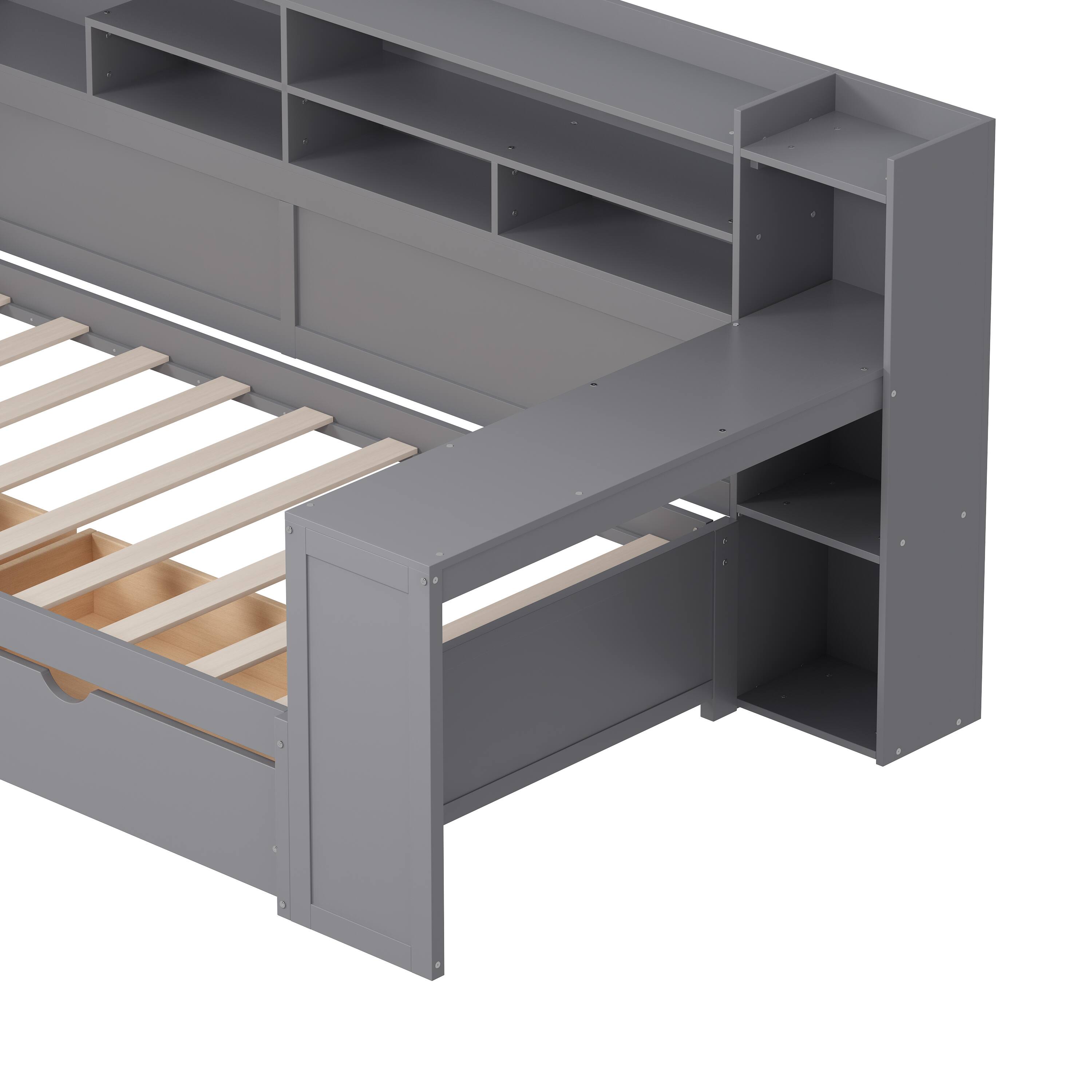 Alt View 8. Tiramisubest - Wooden Twin Size Daybed with Storage Shelves, Multi-functional Bed with Two Storage Drawers and  Study Desk, Gray - Gray.