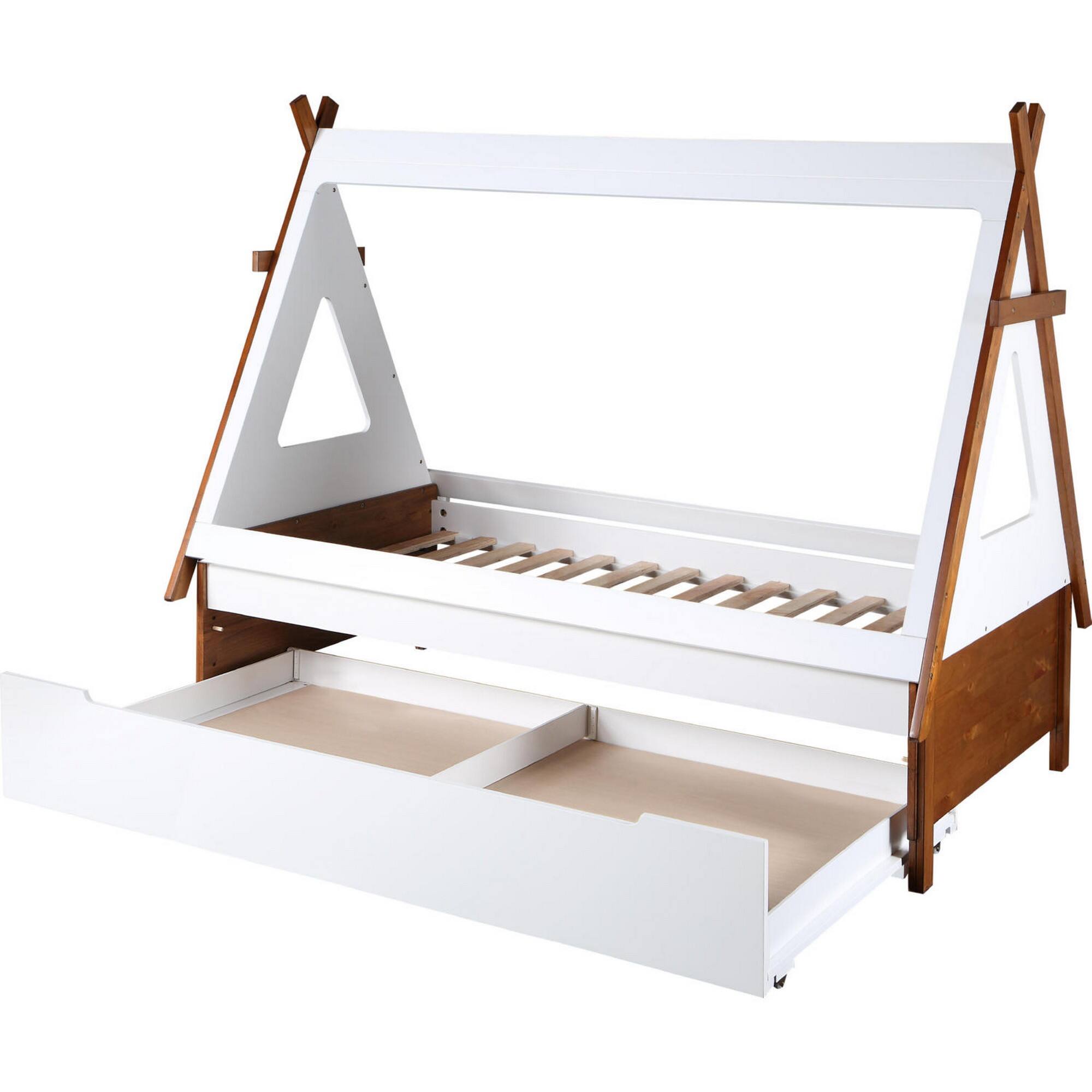 Alt View 2. Manhattan Lane - Teo Wood Twin Bed, House Shaped Bed Frame, Slat System - Brown, White.
