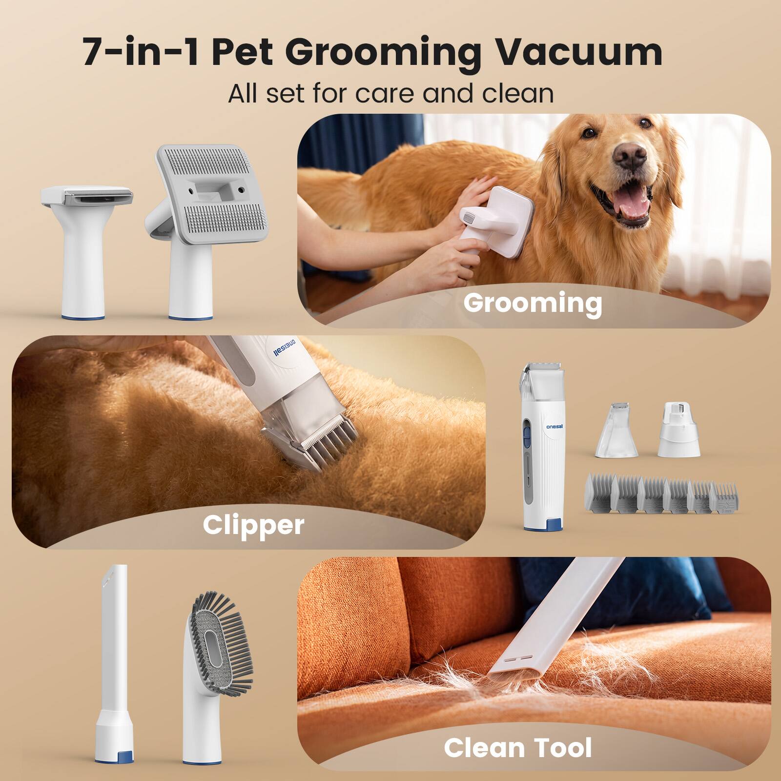 Oneisall 7 in 1 Pet Grooming Kit Dog Clipper Vacuum, Paw Trimmer