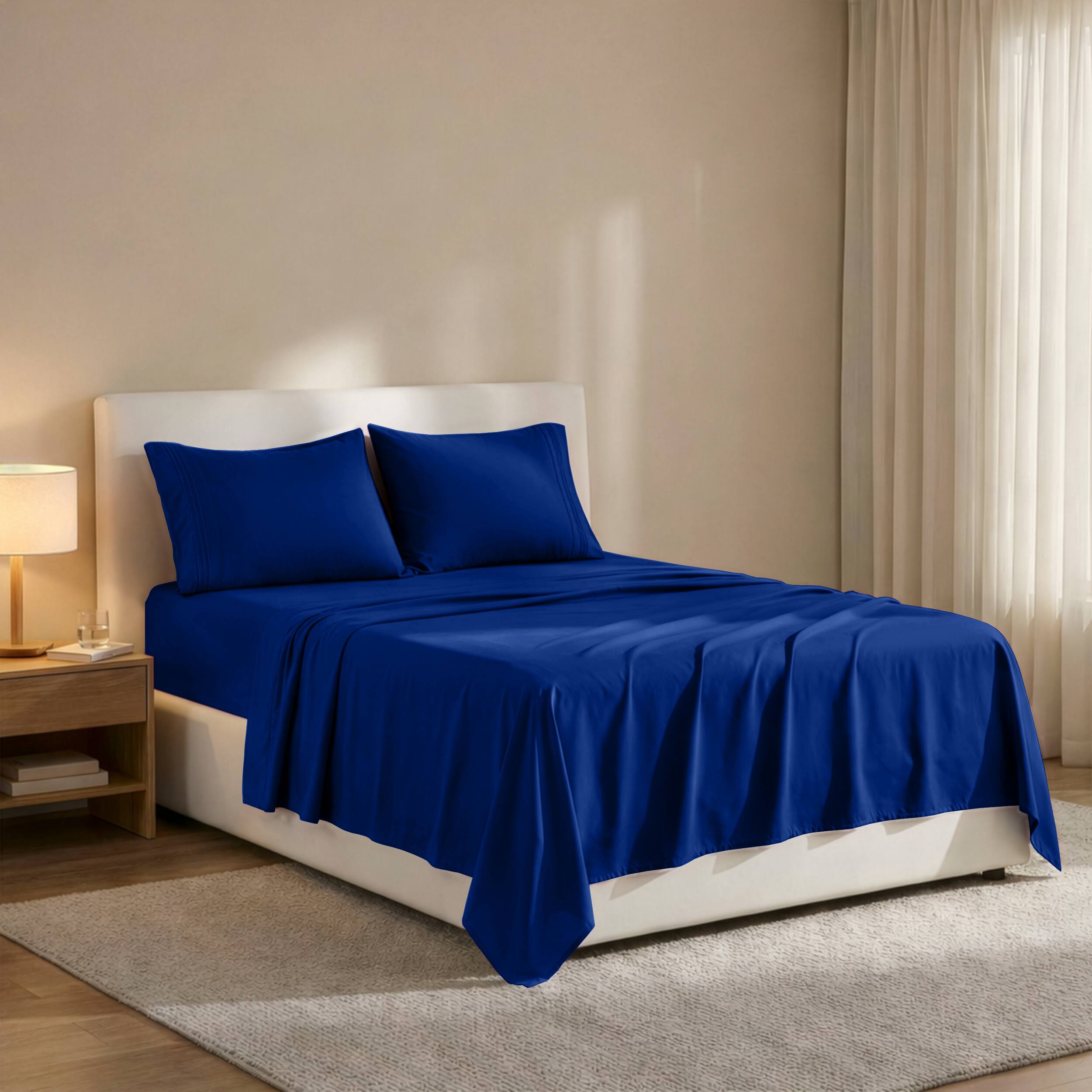 Angle. Lux Decor Collection - 4-Piece Queen Bed Sheet Set, Ultra Soft Microfiber, Deep Pocket, Wrinkle-Resistant, Hypoallergenic, All-Season Comfort - Royal Blue.