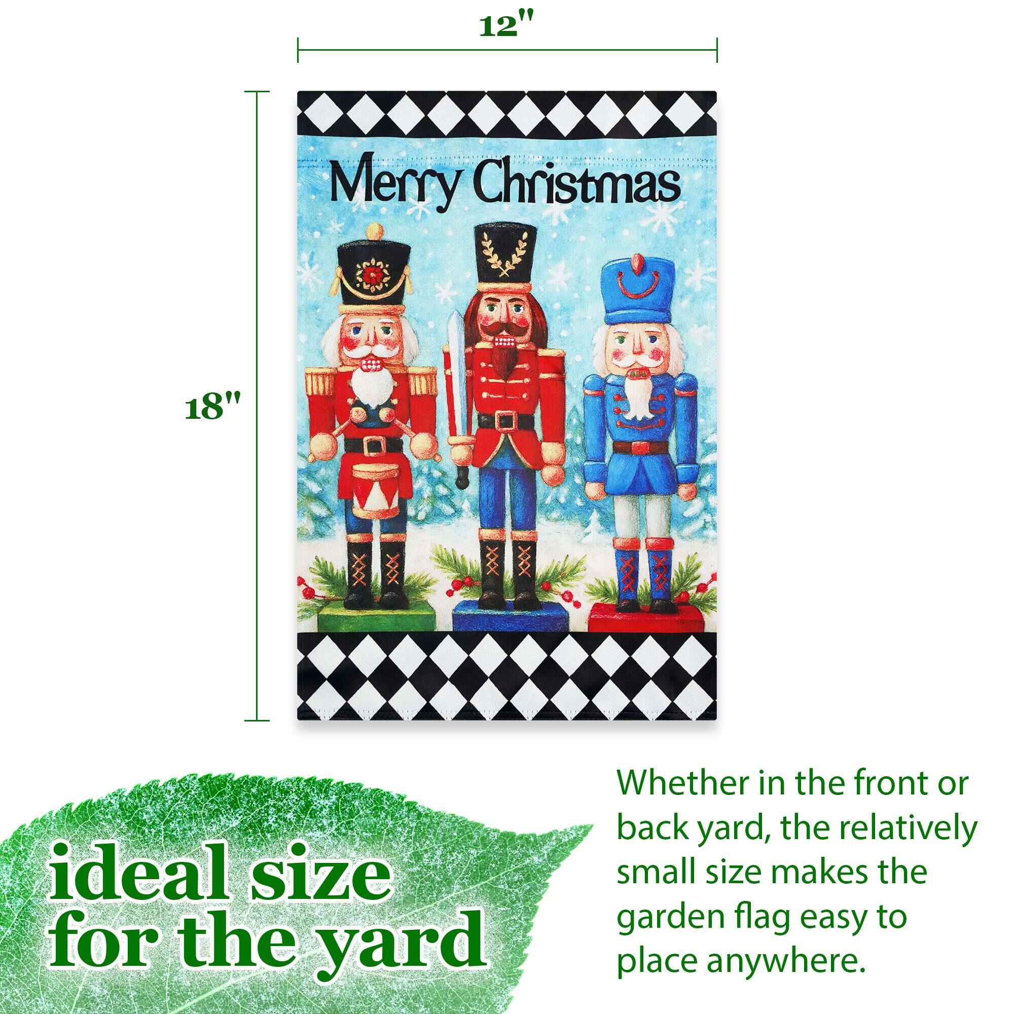 12" x 18"  
Merry Christmas  
ideal size for the yard  
Whether in the front or back yard, the relatively small size makes the garden flag easy to place anywhere.