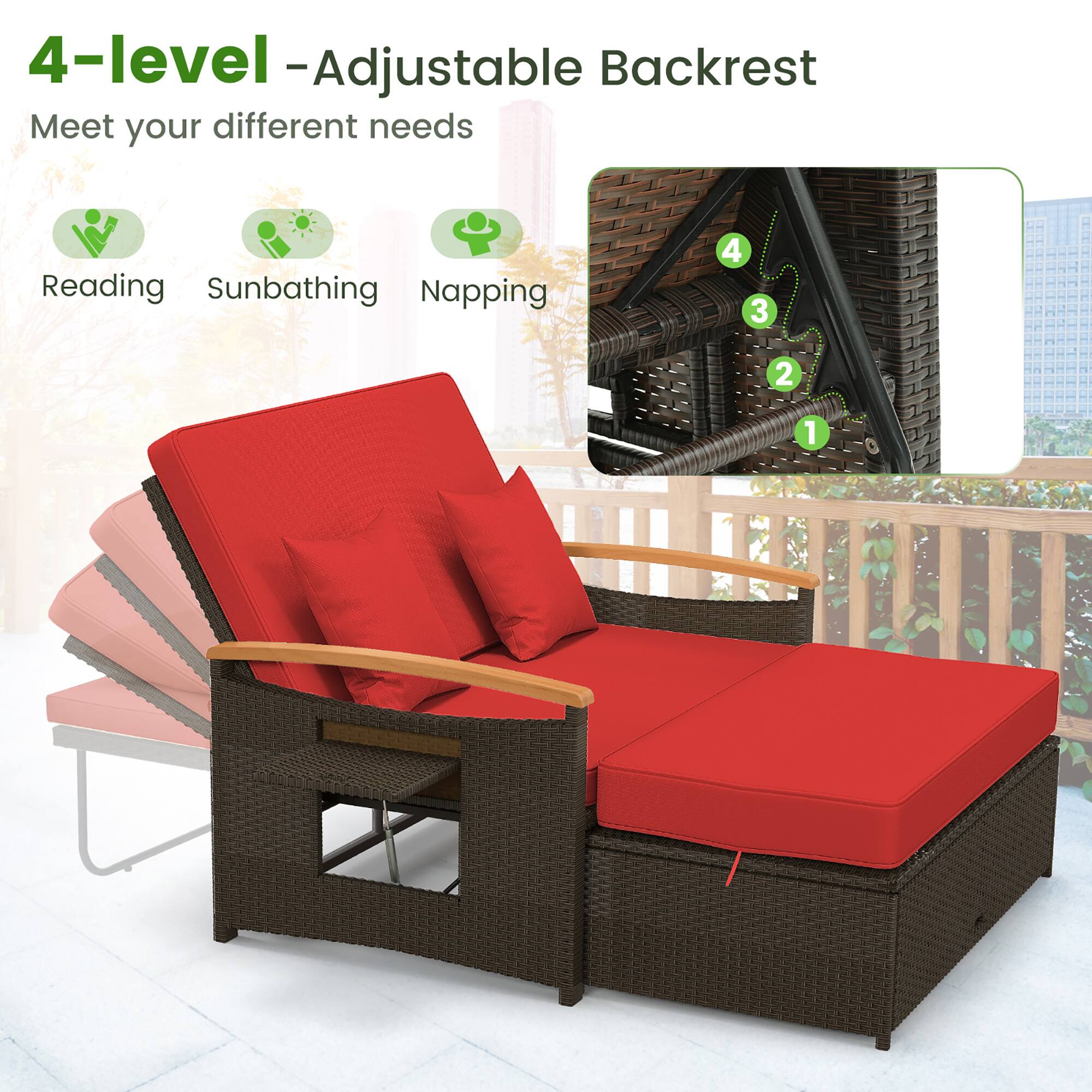 4-level - Adjustable Backrest
Meet your different needs
Reading
Sunbathing
Napping
4
3
2
1