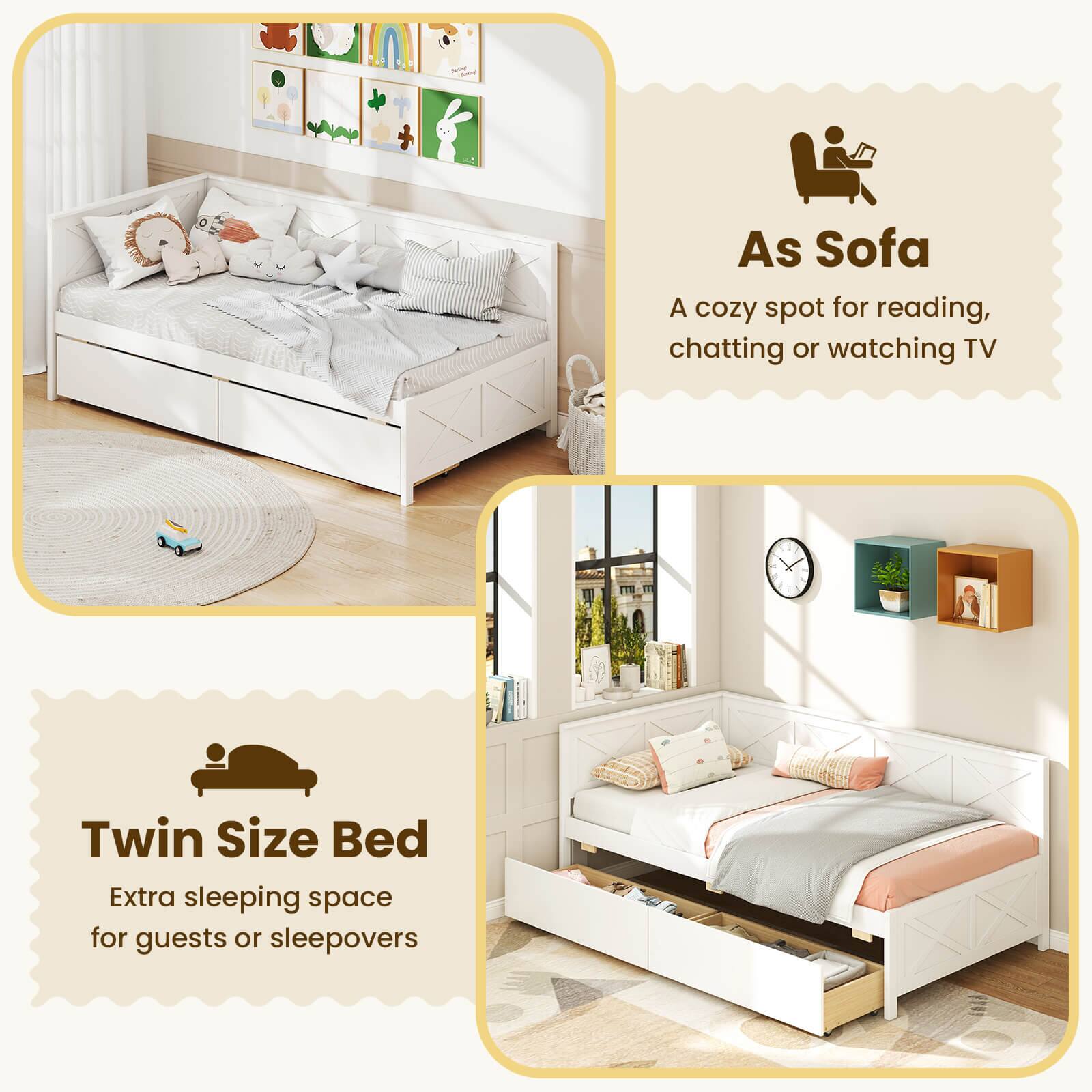 As Sofa: A cozy spot for reading, chatting or watching TV.
Twin Size Bed: Extra sleeping space for guests or sleepovers.